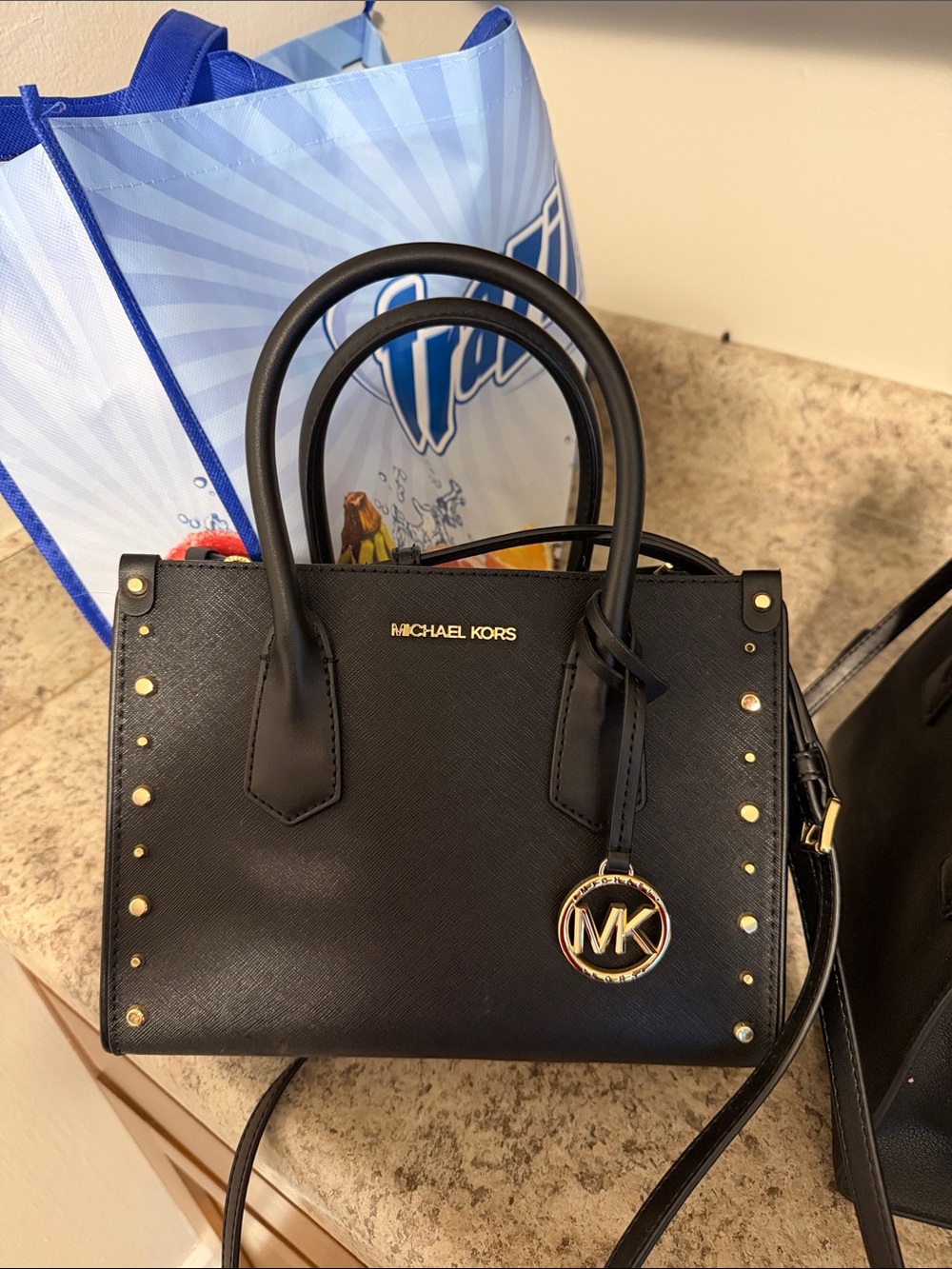 Michael Kors Black Leather Satchel with Gold-Tone MK Charm